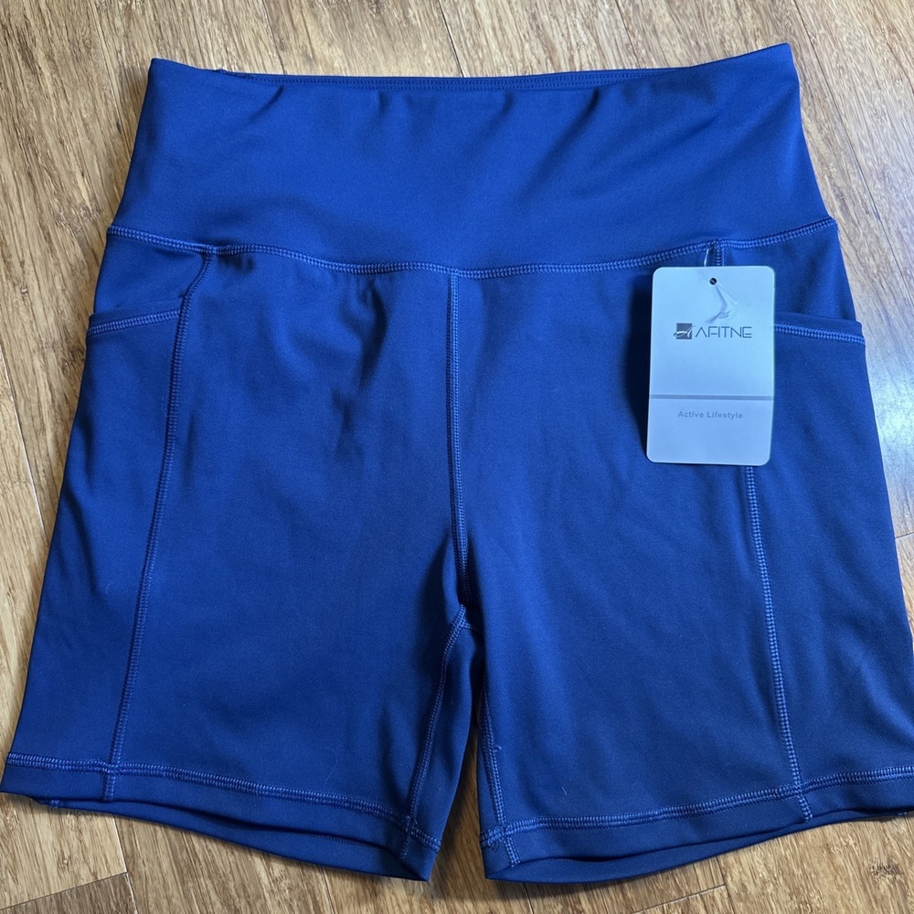 Women's Afitne Active Lifestyle Navy Biker 5 Inch Large High Waist Run Shorts